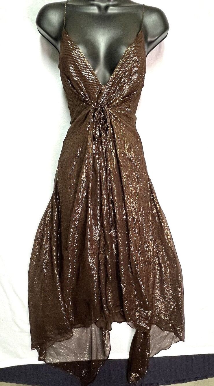 Nicole Miller Silk Lurex Brown Gold Plunge Handkerchief Dress 8 Y2K Fairy Boho - Picture 1 of 8
